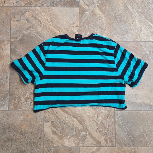 HUF Womens Striped Cropped T Shirt Teal Black Logo XL Raw Edge - Picture 4 of 5